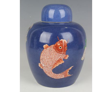 A Chinese famille verte blue ground porcelain ginger jar and cover, probably 20th century, painted with red and green fish on