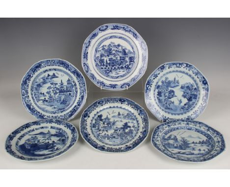 A group of six Chinese blue and white export porcelain octagonal plates, Qianlong period, all painted with a coastal landscap