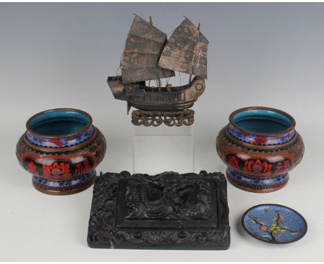 A small collection of Chinese works of art, comprising a silver model of a junk on a carved and pierced hardwood stand, heigh