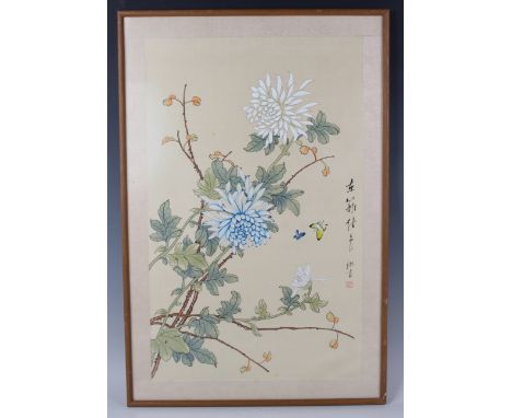 A group of three Chinese watercolour paintings on silk, 20th century, each painted with flowers and butterflies, black signat