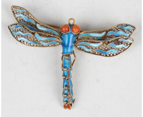 A Chinese silver gilt, blue enamelled and coral brooch in the form of a butterfly, detailed 'S925', length 3.6cm.Buyer’s Prem