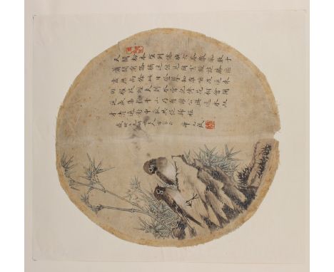 A Chinese watercolour painting on silk circular fan panel, late Qing dynasty, painted with two sparrows perched on rocks amon