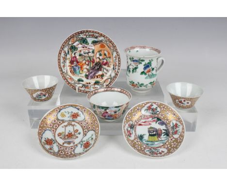 A small group of Chinese porcelain teaware, 18th century, comprising a small famille verte mug, Kangxi period, painted with b