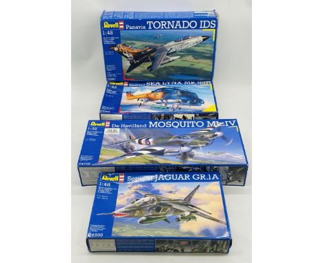 Four boxed Revell miliatry plastic model kits relating to fighter jets and helicopter including De Havilland Mosquito Mk.IV R