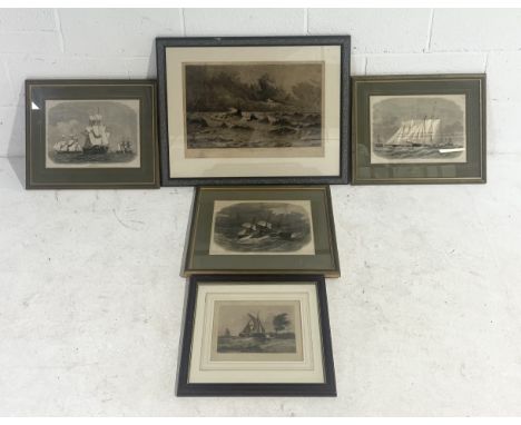A collection of five framed vintage Nautical lithograph prints including "The Prussian Iron Clad Fleet", "The Ocean  Yacht Ra