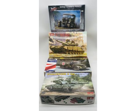 Four various boxed military vehicles plastic model kits including Ryefield Model Challenger 2 TES British Main Battle Tank, G
