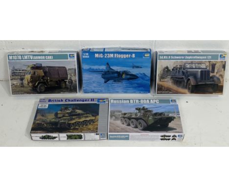 Five boxed Trumpeter military plastic model kits including British Challenger II tank (00308), Russian BTR-80A APC armoured p
