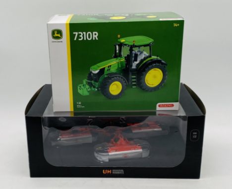 A boxed Wiking John Deere 7310R die-cast tractor, along with a boxed Universal Hobbies Kuhn PZ 321F Lift Control Mower (both 