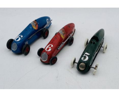 Three vintage Tri-ang Minic Toys clockwork racing cars - one white wheel A/F