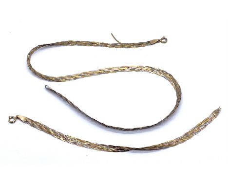 A vintage three coloured 9ct gold twist necklace A/F and matching bracelet, 6g total weight.