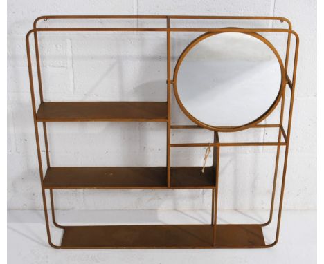 A vintage gold painted metal framed wall shelf with circular mirror - length 80cm, depth 13cm, height 80cm