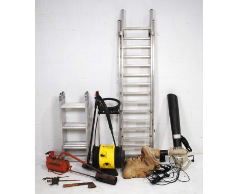A Karcher 550m pressure washer with a Gardena attachment, along with a Ryobi Resv1000 leaf blower, a vintage X300 Flamegun, a