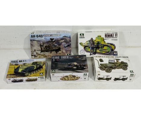 Five boxed Takom military plastic model kits including WWII German King Tiger Heavy Tank (1:35 scale - contents opened but lo