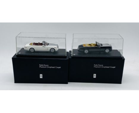 Two boxed/cased Kyosho Rolls Royce Phantom Drophead Coupe die-cast cars, one in Diamond Black, the other in English White (1: