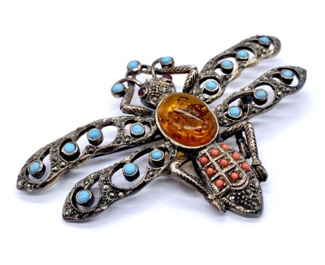 A vintage silver 925 bug brooch set with amber, turquoise, coral and marcasite with garnet eyes - 8.5cm wide, 5.5cm high.