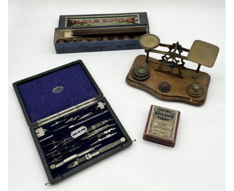 A collection of items comprising of W. Horwood & Sons writing set, brass postal scales with weights, table bowls and Counties