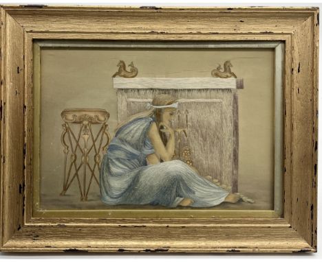 A framed silk embroidery showing a seated Grecian or Roman lady - overall size 28cm x 35cm