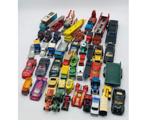 A collection of loose playworn die-cast vehicles including Matchbox, Corgi, Majorette, Maisto etc