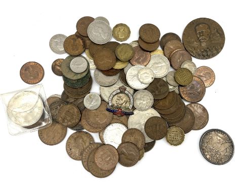 A collection of various coinage including 1880 Morgan dollar, Victorian gothic florin, Kitchener medallion etc.