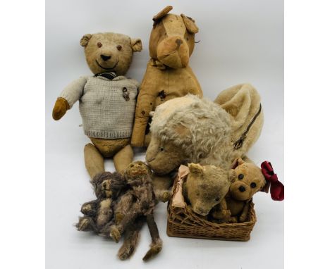 A collection of antique teddies including a Norah Wellings monkey, Merrythought  "Jerry", teddy bears, bulldog etc - all A/F,