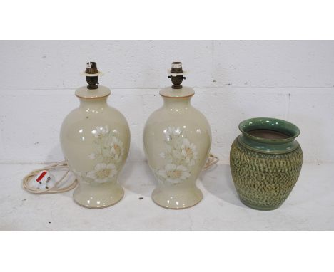 A pair of Denby ceramic table lamps hand-thrown by Dean Phillips, along with a Denby vase