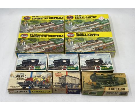 A collection of boxed Airfix plastic model kits, all relating to HO/OO gauge railways including three ESSO Tank Wagons, Saddl