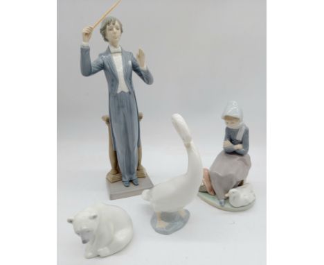 A Lladro conductor figure with replacement baton, a girl figure with ducks, a polar bear and a Nao goose.