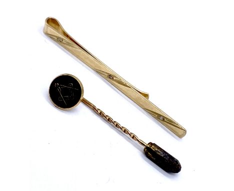 A 9ct gold tie clip inset with three small diamonds (2.5g) along with a 9ct gold Masonic pin