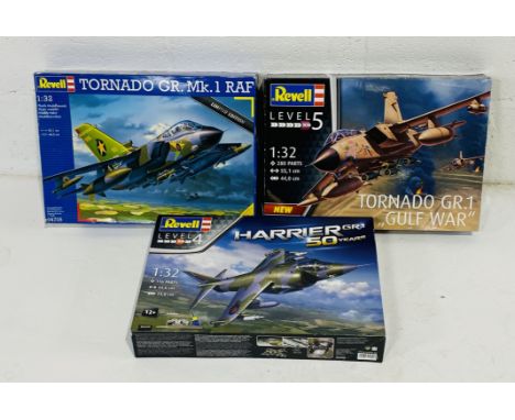 Three boxed Revell military aircraft plastic model kits including Harrier GR.1 50 Years combat arircraft (Level 4 - 05690 - b