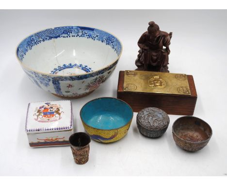 A collection of various Oriental items, including a Chinese ceramic export bowl (A/F), wooden cigarette box with brass plaque