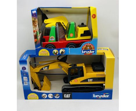 Two boxed Bruder toy vehicles including a multi-functional CAT Excavator (1:16 Scale) and Roadmax Digger Truck - Both A/F Exc
