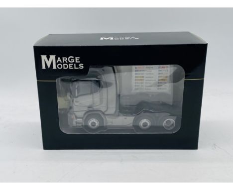 A boxed Marge Models Scania R500 6x2 Dark Grey die-cast model truck (1:32 scale)
