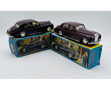 Two vintage boxed Rolls Royce Silver Cloud "Bump & Go Action" Battery Operated hard plastic toy cars, c.1960, made in Hong Ko