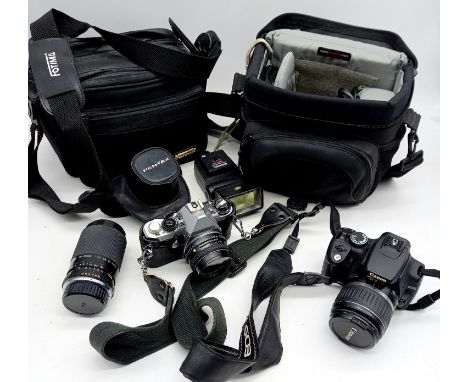 A vintage Pentax MEF camera case etc and a Canon 350D digital camera etc.