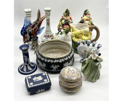 A collection of various glass and china including Wedgwood, Royal Worcester, Portuguese pottery etc.
