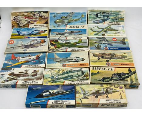 A collection of boxed vintage Airfix military aircraft plastic model kits (all 1:72 scale) including Lighting F-1A, Bristol B