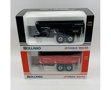Two boxed die-cast Rolland Collect-World Rollspeed R-Series 6835 two axel die-cast farming trailers, one in red, one in black