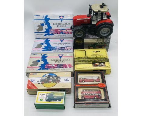 A collection of boxed die-cast vehicles included three Corgi Routemasters In Exile four double-decker sets (Scotland, The Nor