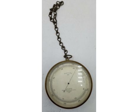 An antique brass cased aneroid barometer, J Hicks 8, 9 & 10 Hatton Gardens 1727, compensated 1915.