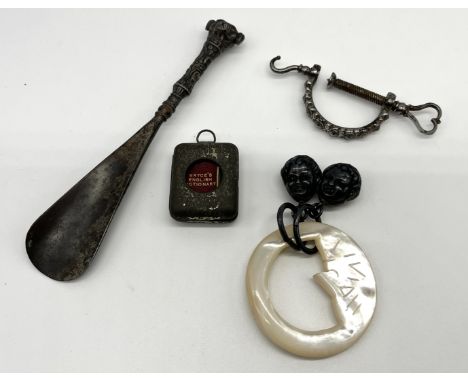 Georgian cut steel needlework clamp along with a Pears "The smallest dictionary in the world" (no magnifier), mother of pearl