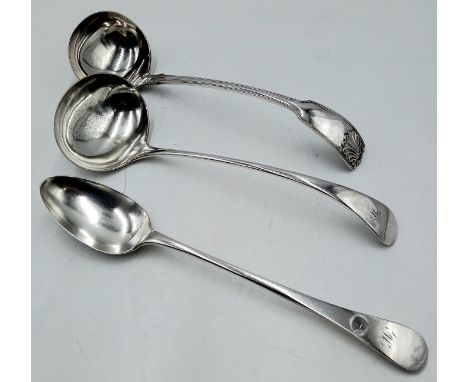 A vintage silver-plated king's pattern ladle along with another and a matching serving spoon.
