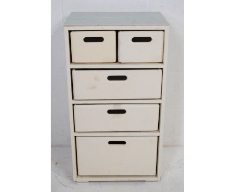 A double sided white painted wooden storage, with five slide out boxes and tile-top - length 45cm, depth 31cm, height 82cm