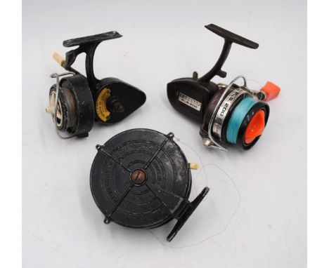 Three vintage fishing reels, comprising a K. P. Morritt's New Popular fly reel, a K. P. Morritt's Intrepid De-Luxe spinning r