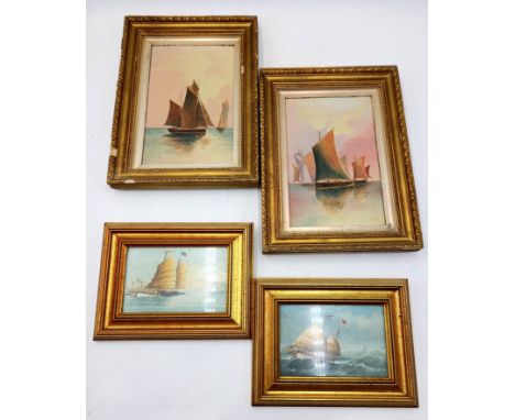 A pair of framed vintage oil on panel shipping scenes and a smaller pair.