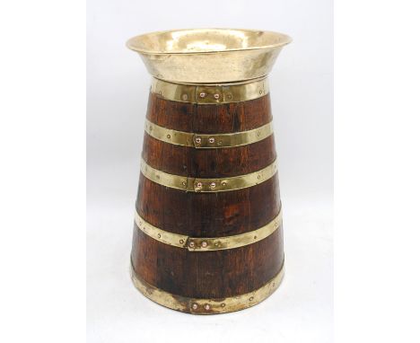 An antique brass-bound oak barrel churn shape stick stand - diameter - 25.5cm, height 40.5cm