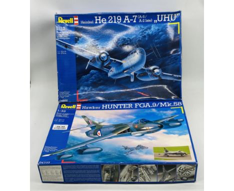 Two boxed Revell military aircraft plastic model kits including Hawker Hunter FGA.9/Mk.58 RAF jet fighter (04703 - contents u