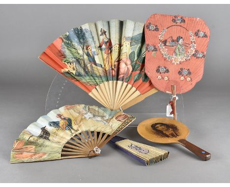 An interesting fixed paddle theatre souvenir fan, the wooded leaf painted with portrait of a gentleman, said to be the Actor 