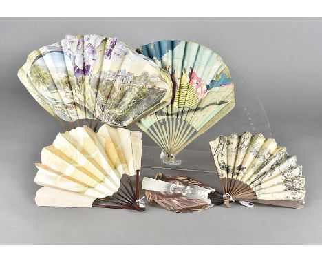 Collection of 20th Century Restaurant and Café Advertising Fontage Fans, one printed with a Robert Polack design of three wom