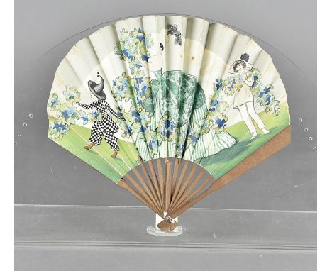 Louis-Toussaint Piver Parfum Pompia' Ballon fan, double paper leaf, printed with a Leone Georges design of a masked woman in 