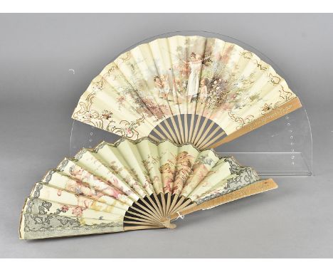 Two Marie Brizard & Roger Fans designed by J. Ganne, double paper leaf, printed with a scene of a woman playing outdoors with